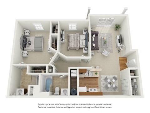 Floor plan for 2 beds, 2 baths, 933 sqft